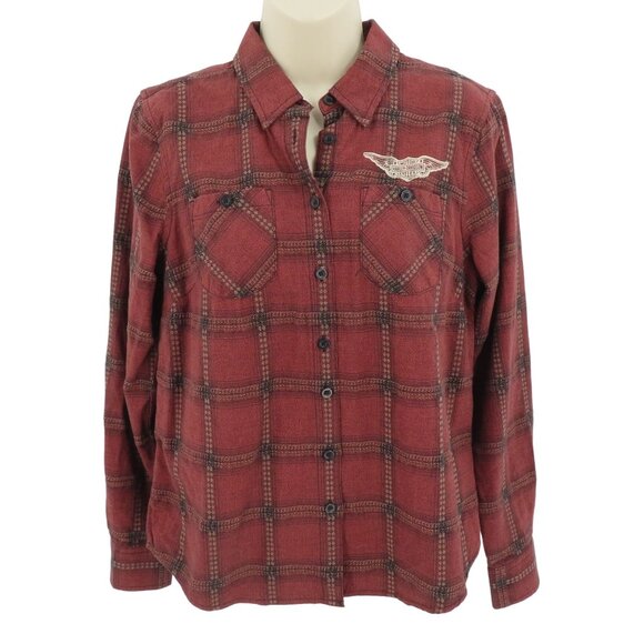 Harley Davidson Womens Petite Small PS Red Plaid Button Front Shirt Top Blouse - Picture 1 of 12
